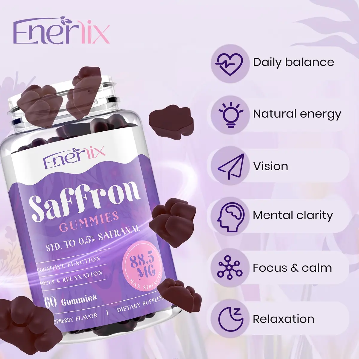 Enerlix Saffron Supplement Gummies for Mood & Focus, 60 Count (Pack of 2) | Vegan, Organic, Fast Absorption - view 2