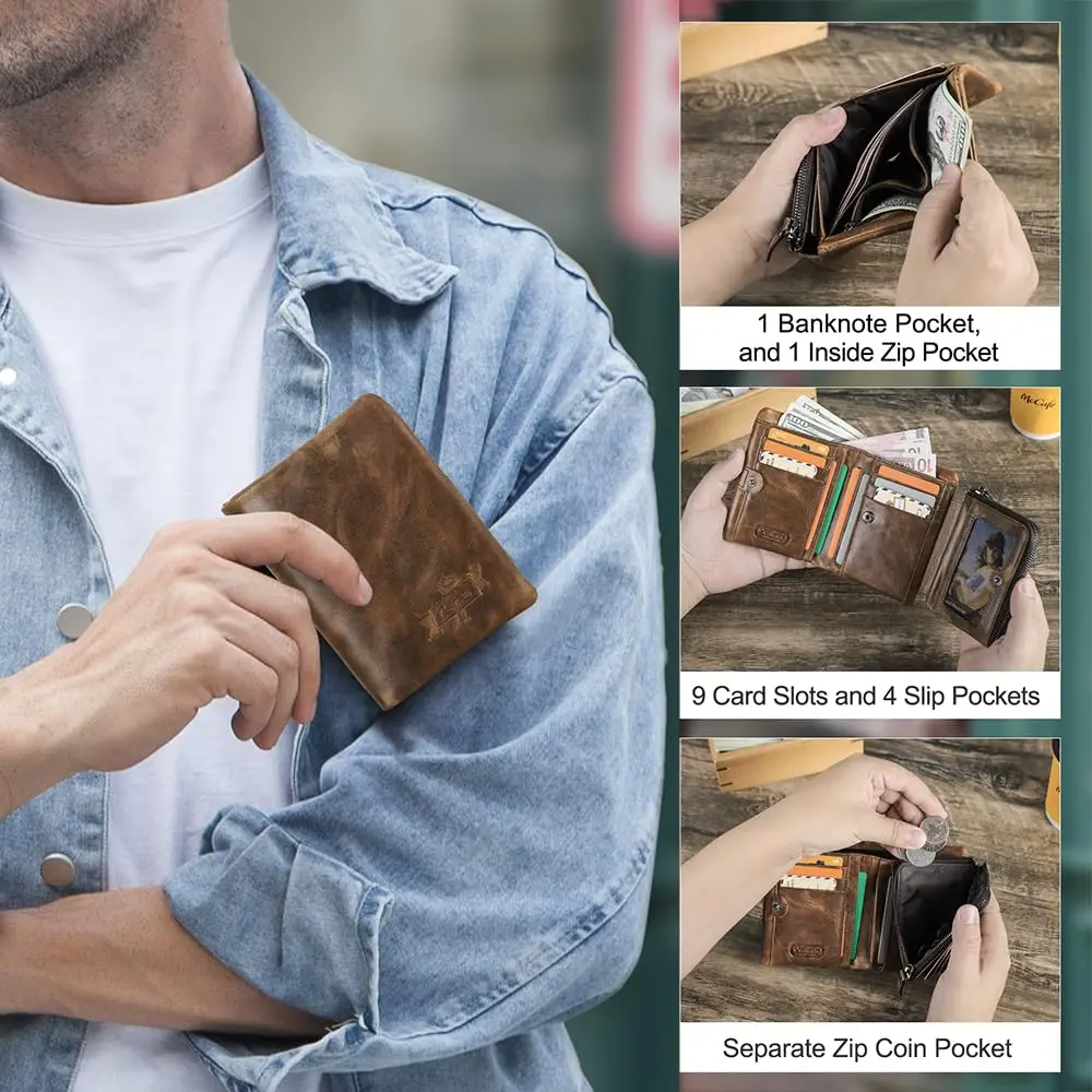 CONTACTS Crazy Horse Leather Bifold Wallet for Men | 12 cm (4.72 in) - view 2