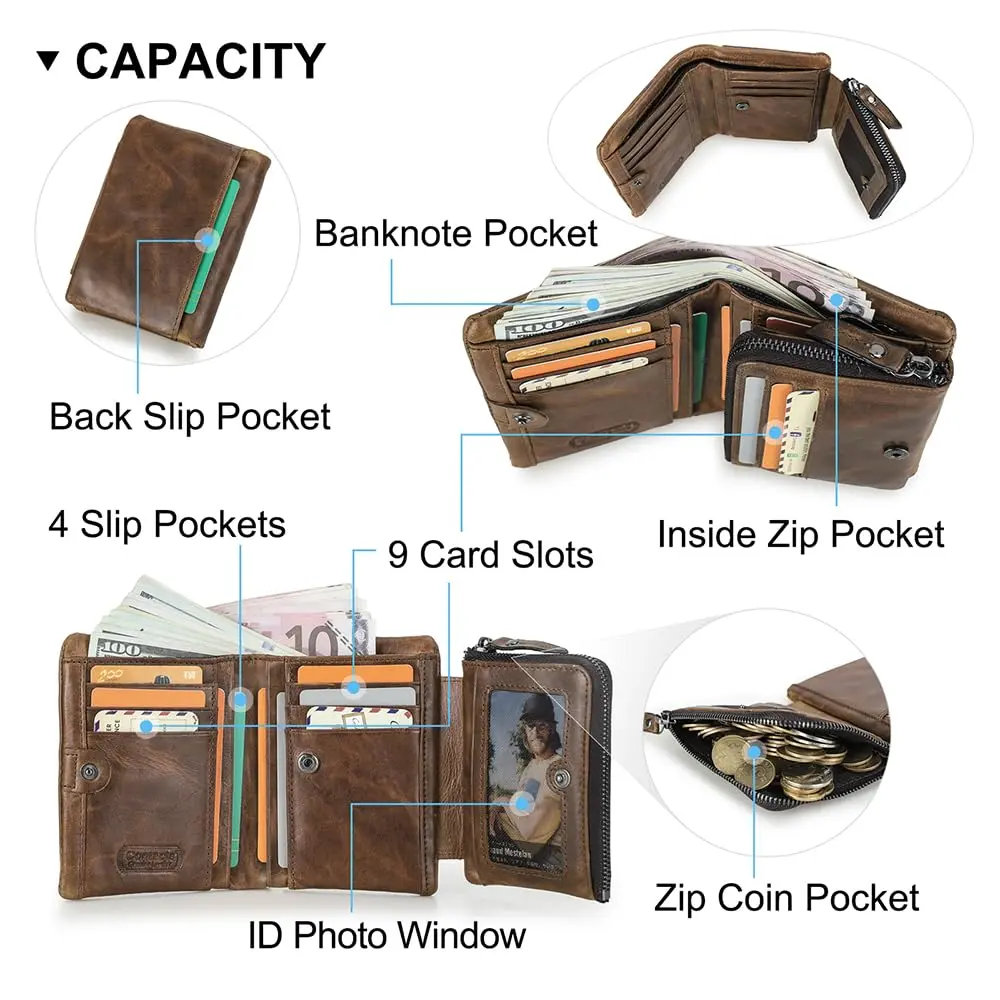 CONTACTS Crazy Horse Leather Bifold Wallet for Men | 12 cm (4.72 in) - view 4