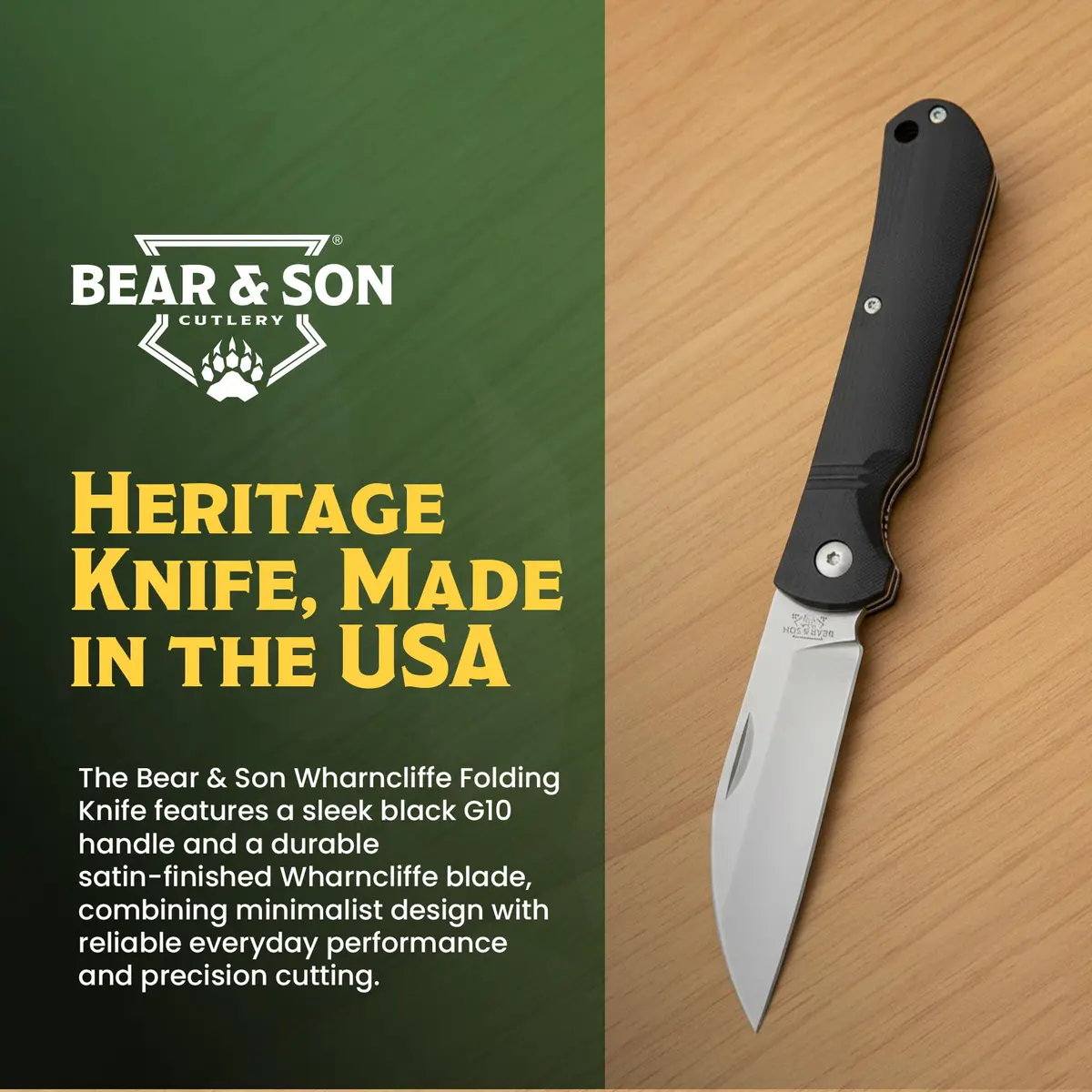 Bear & Son 484GB Wharncliffe Slip Joint Pocket Knife 3.25" D2 Steel Blade, Black G10 Handle, Made in USA - view 7