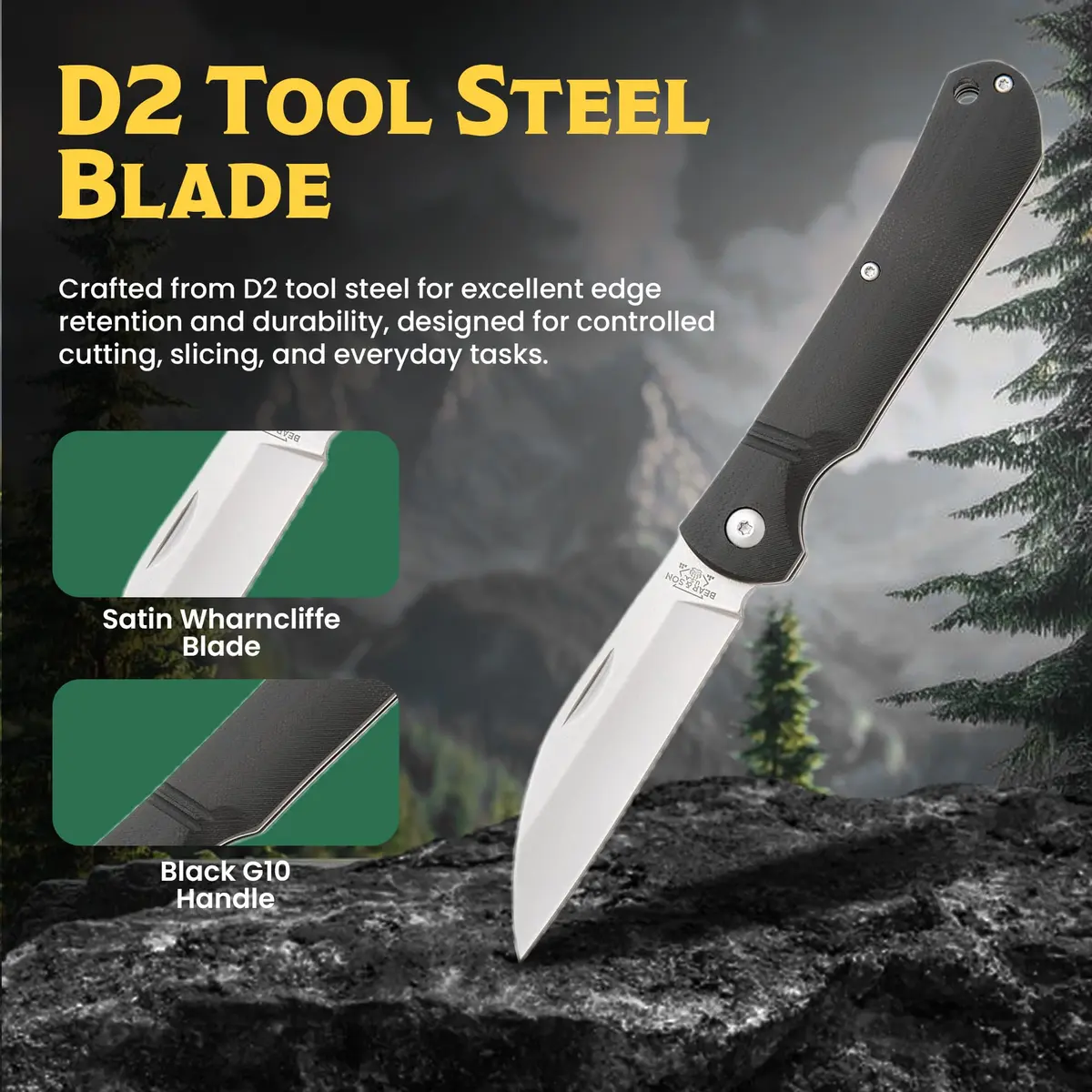 Bear & Son 484GB Wharncliffe Slip Joint Pocket Knife 3.25" D2 Steel Blade, Black G10 Handle, Made in USA - view 2