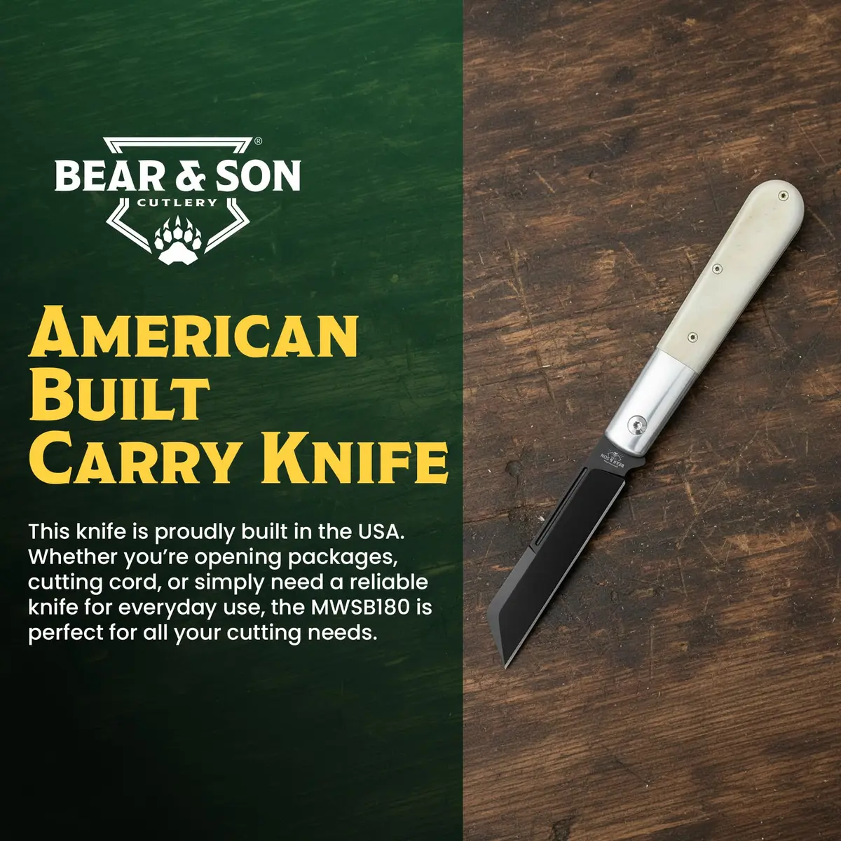 Bear & Son Modern White Smooth Bone Sheepfoot Barlow | 3 3/4" D2 Steel Blade, Lightweight & Slim Pocket Knife - view 7