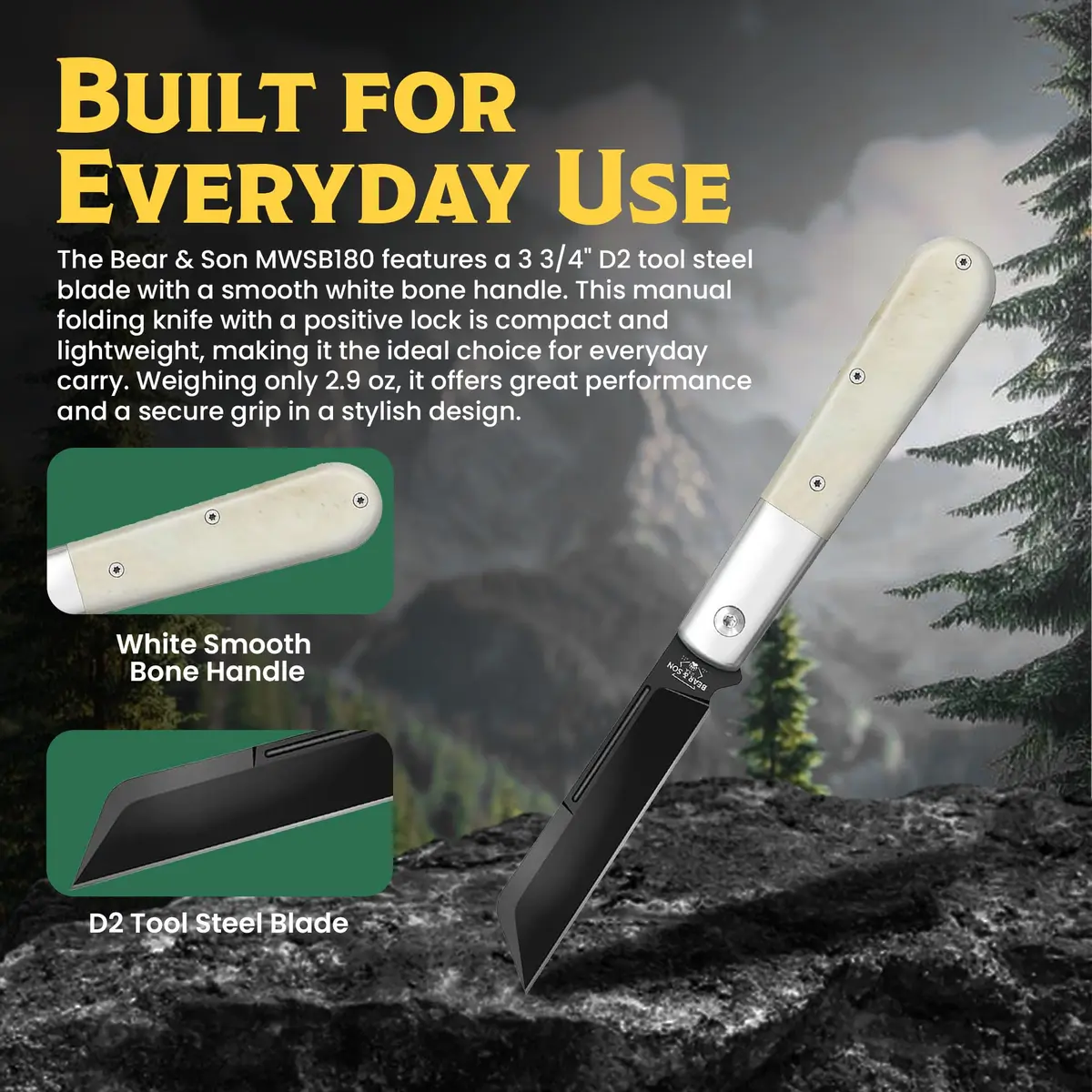 Bear & Son Modern White Smooth Bone Sheepfoot Barlow | 3 3/4" D2 Steel Blade, Lightweight & Slim Pocket Knife - view 2