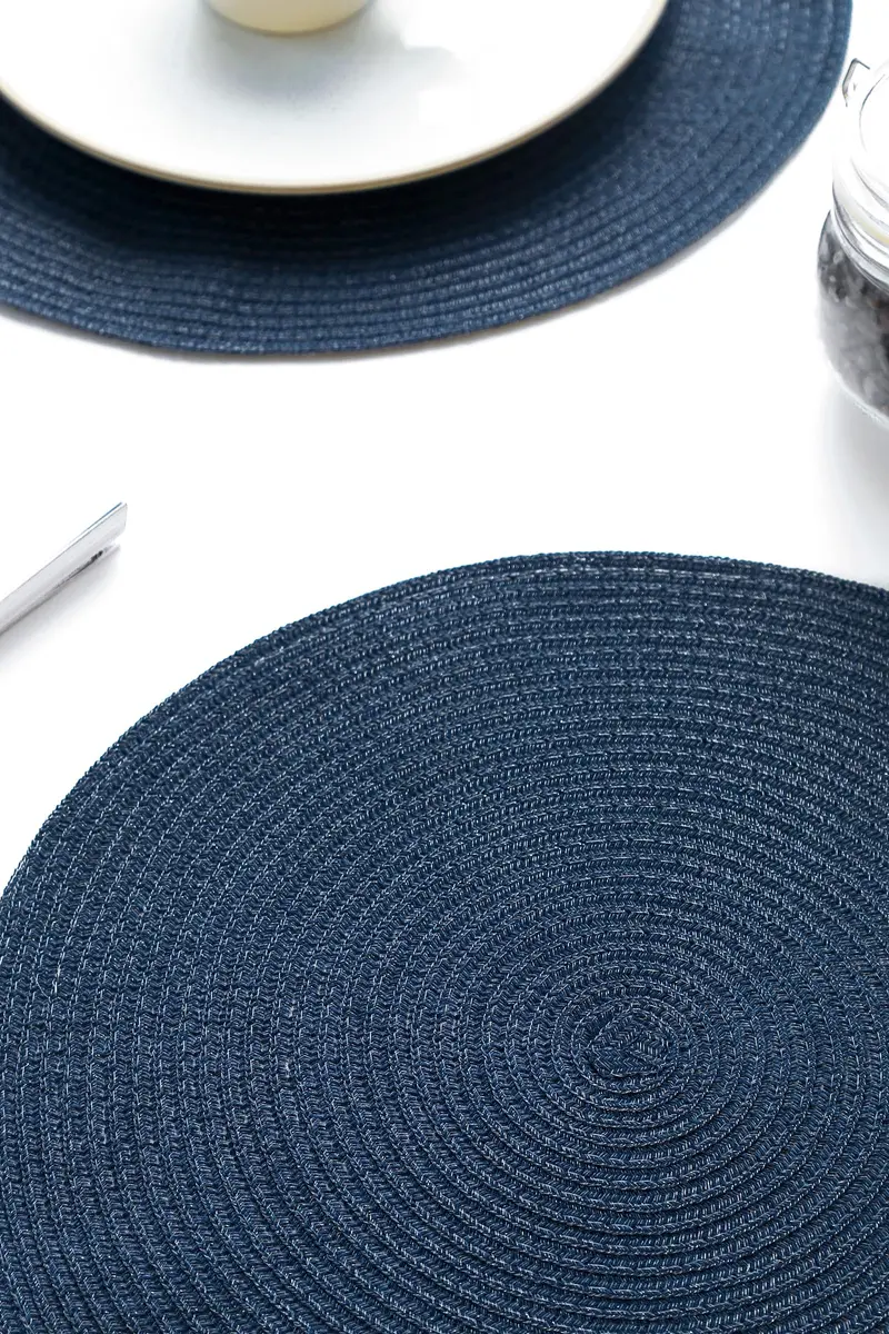 Floroom Navy Blue Braided Round Placemats Set of 4 | 38 cm (15 Inch) Diameter | Washable Heat Resistant Cotton Polyester Circle Place Mats for Kitchen Dining Table - view 5