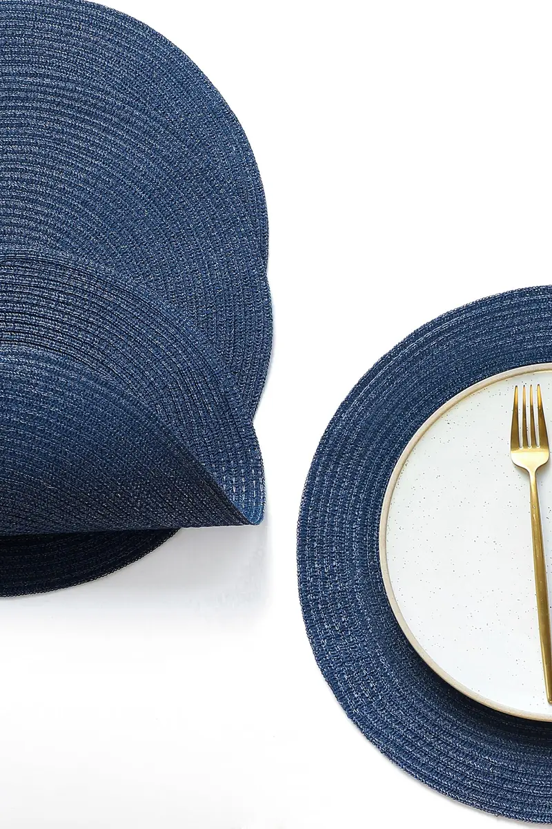 Floroom Navy Blue Braided Round Placemats Set of 4 | 38 cm (15 Inch) Diameter | Washable Heat Resistant Cotton Polyester Circle Place Mats for Kitchen Dining Table - view 2