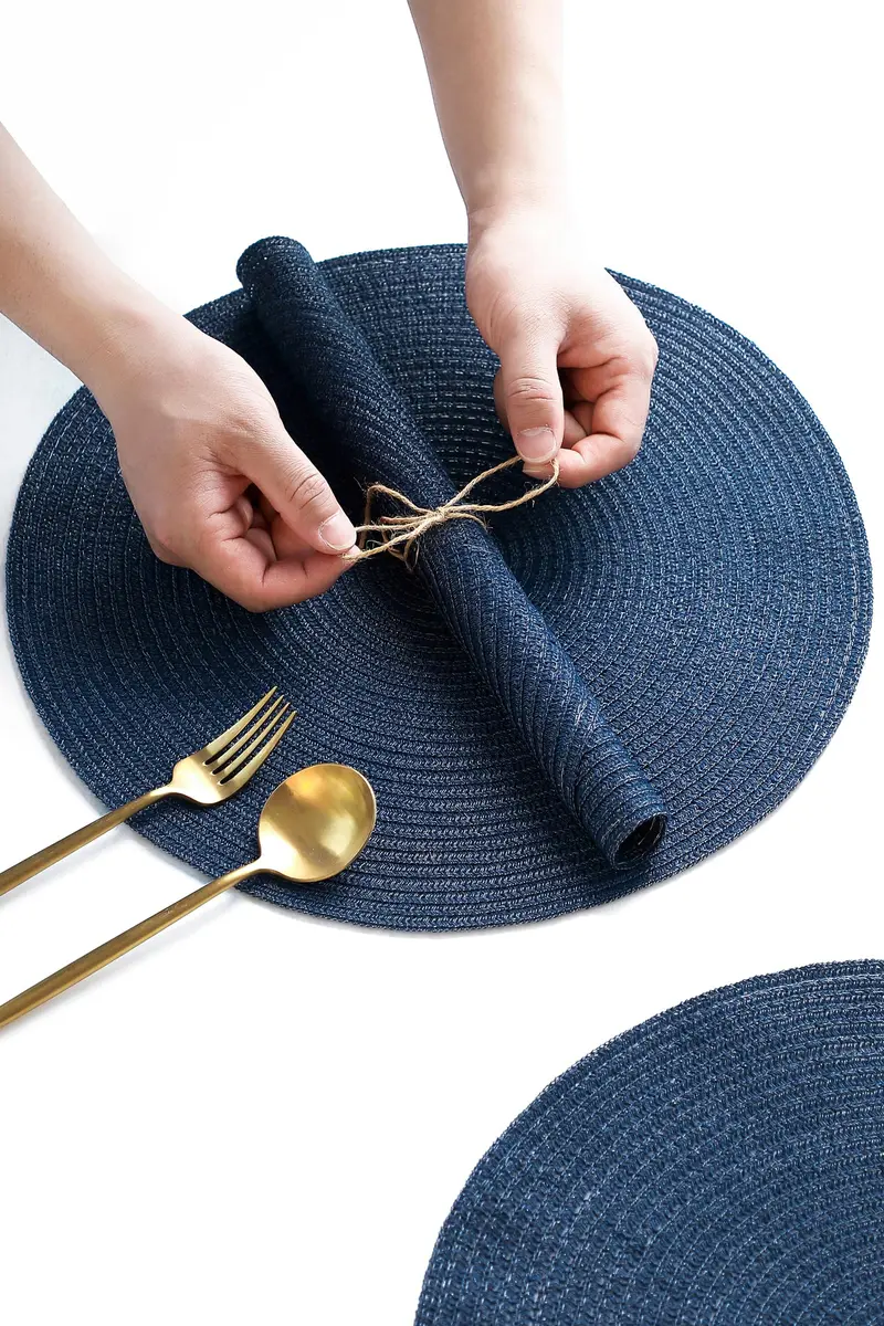 Floroom Navy Blue Braided Round Placemats Set of 4 | 38 cm (15 Inch) Diameter | Washable Heat Resistant Cotton Polyester Circle Place Mats for Kitchen Dining Table - view 3