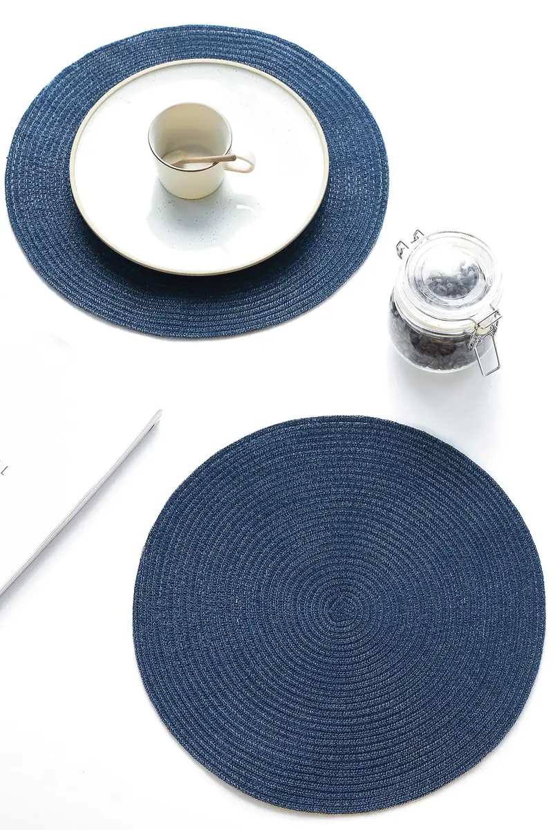 Floroom Navy Blue Braided Round Placemats Set of 4 | 38 cm (15 Inch) Diameter | Washable Heat Resistant Cotton Polyester Circle Place Mats for Kitchen Dining Table - view 4