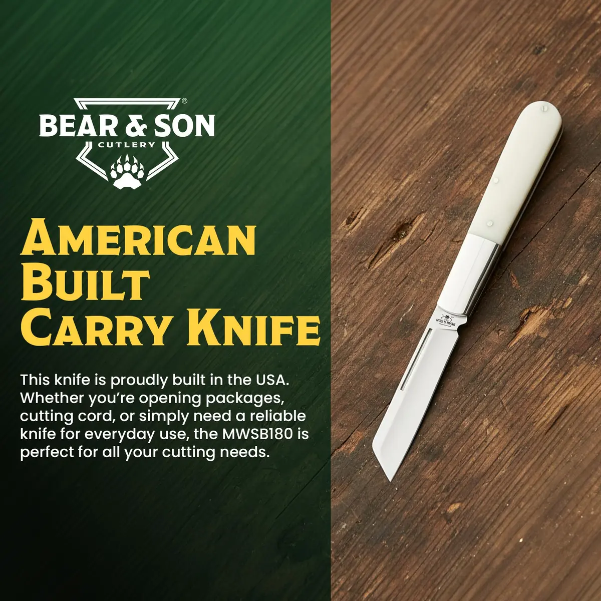 Bear & Son Barlow Pocket Knife 2-3/4" Sheepsfoot Blade | High Carbon Stainless Steel, White Bone Handle, Made in USA - view 7