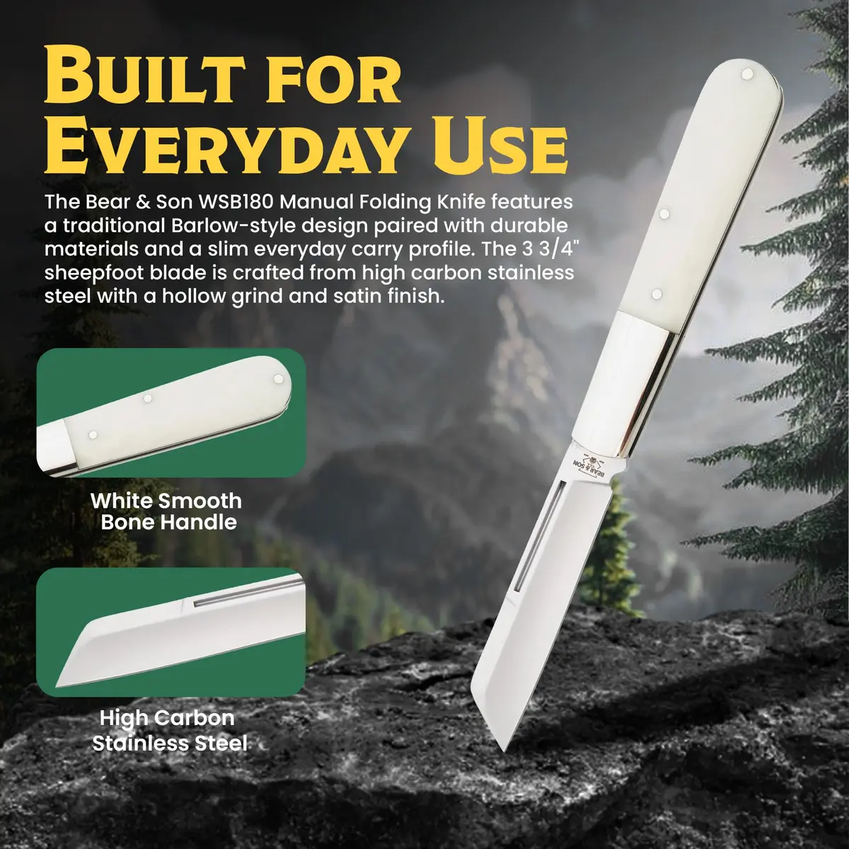 Bear & Son Barlow Pocket Knife 2-3/4" Sheepsfoot Blade | High Carbon Stainless Steel, White Bone Handle, Made in USA - view 2