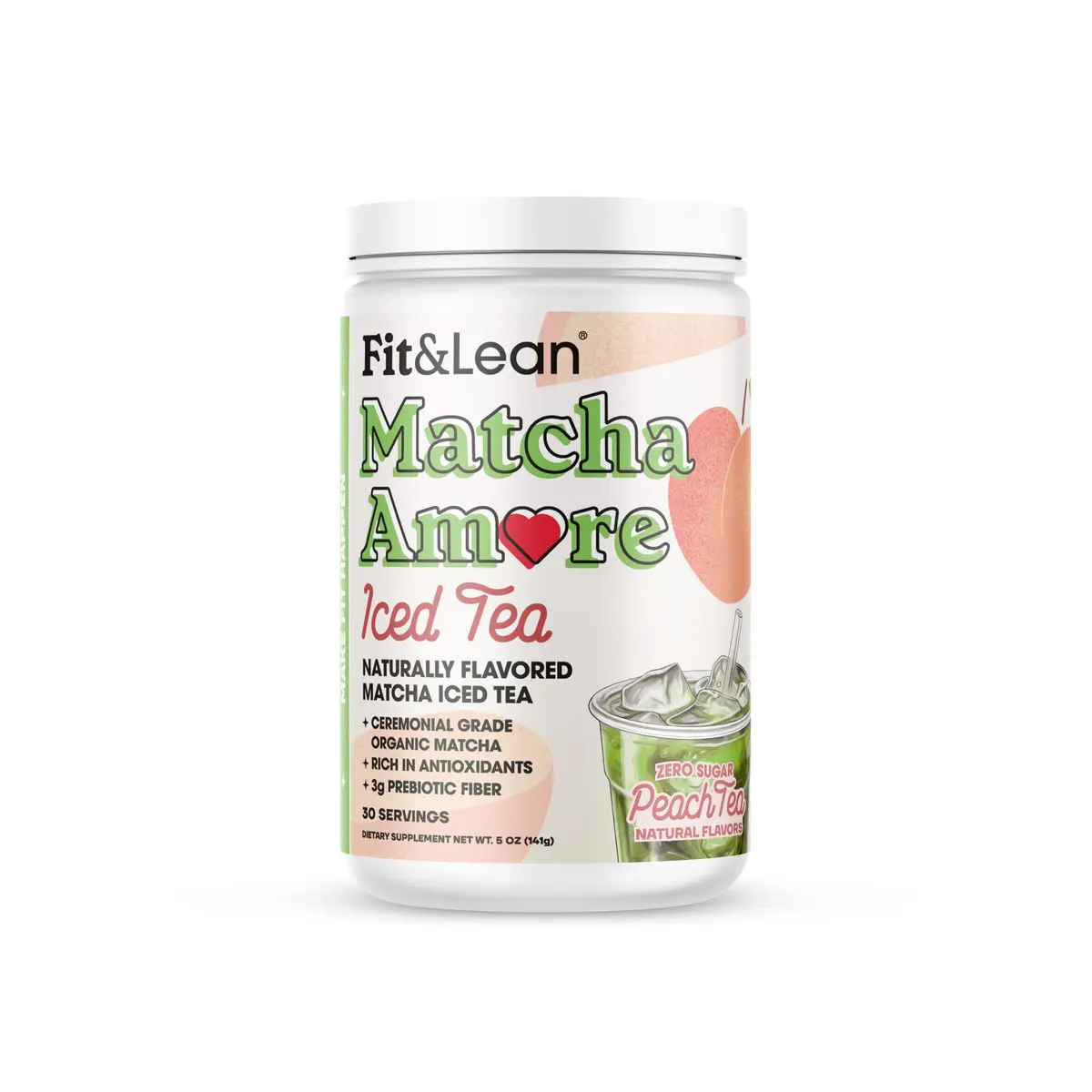 Fit & Lean Matcha Amore Iced Tea Peach 30 Servings | Organic Ceremonial Grade Matcha Green Tea, Naturally Sweetened, Zero Sugar - main product image