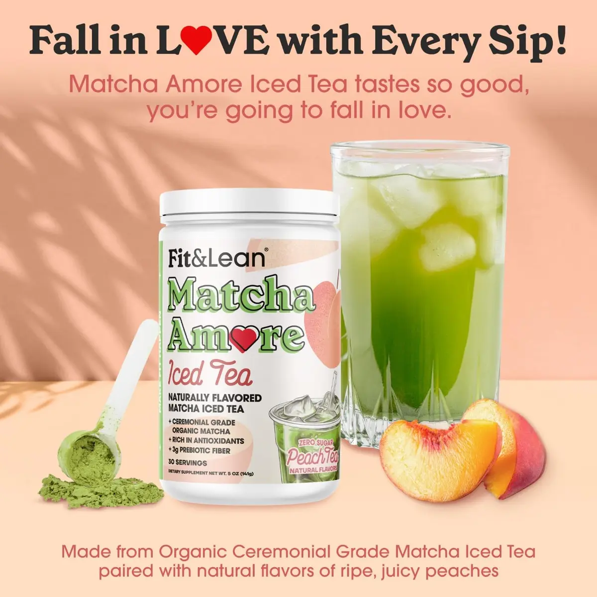 Fit & Lean Matcha Amore Iced Tea Peach 30 Servings | Organic Ceremonial Grade Matcha Green Tea, Naturally Sweetened, Zero Sugar - view 2