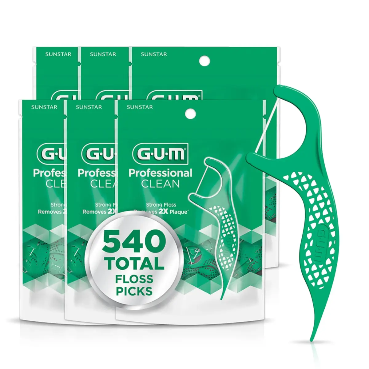 GUM Professional Clean Dental Floss Picks Fresh Mint 540 Count (6 x 90 Count) | Dermatologist Tested, Hypoallergenic - main product image