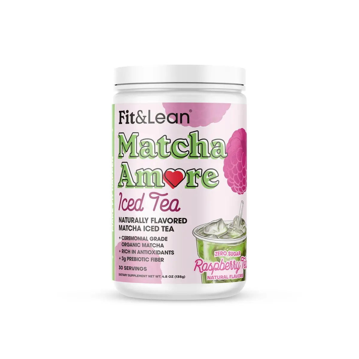 Fit & Lean Matcha Amore Iced Tea, Raspberry Flavor, 30 Servings | Organic, Vegan, Gluten-Free, Supports Gut & Focus - main product image