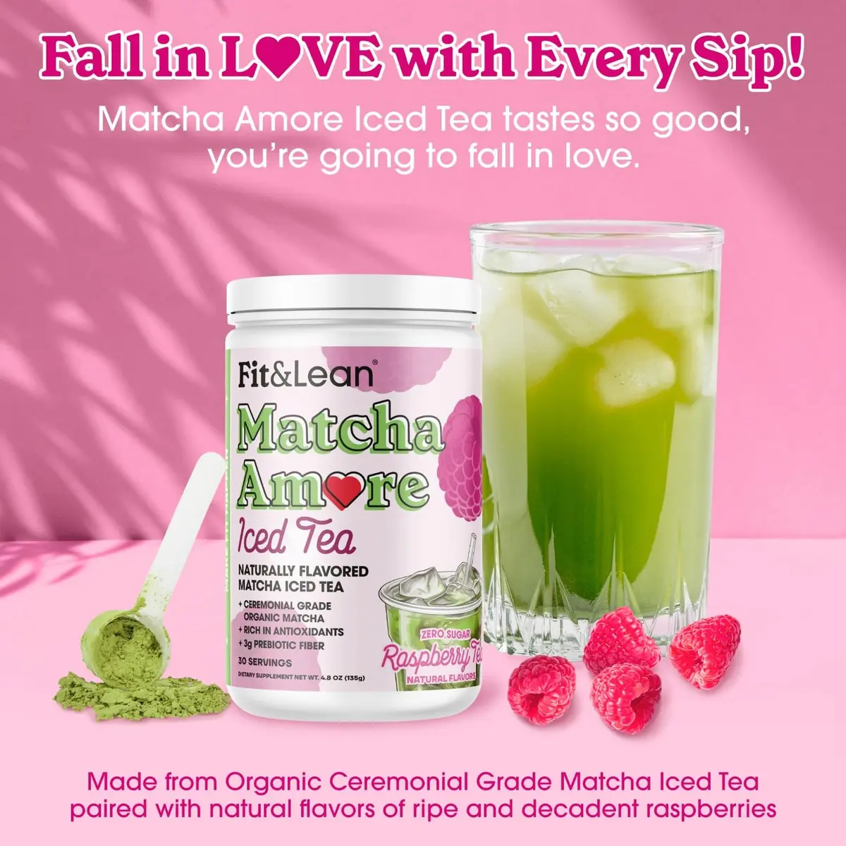 Fit & Lean Matcha Amore Iced Tea, Raspberry Flavor, 30 Servings | Organic, Vegan, Gluten-Free, Supports Gut & Focus - view 2
