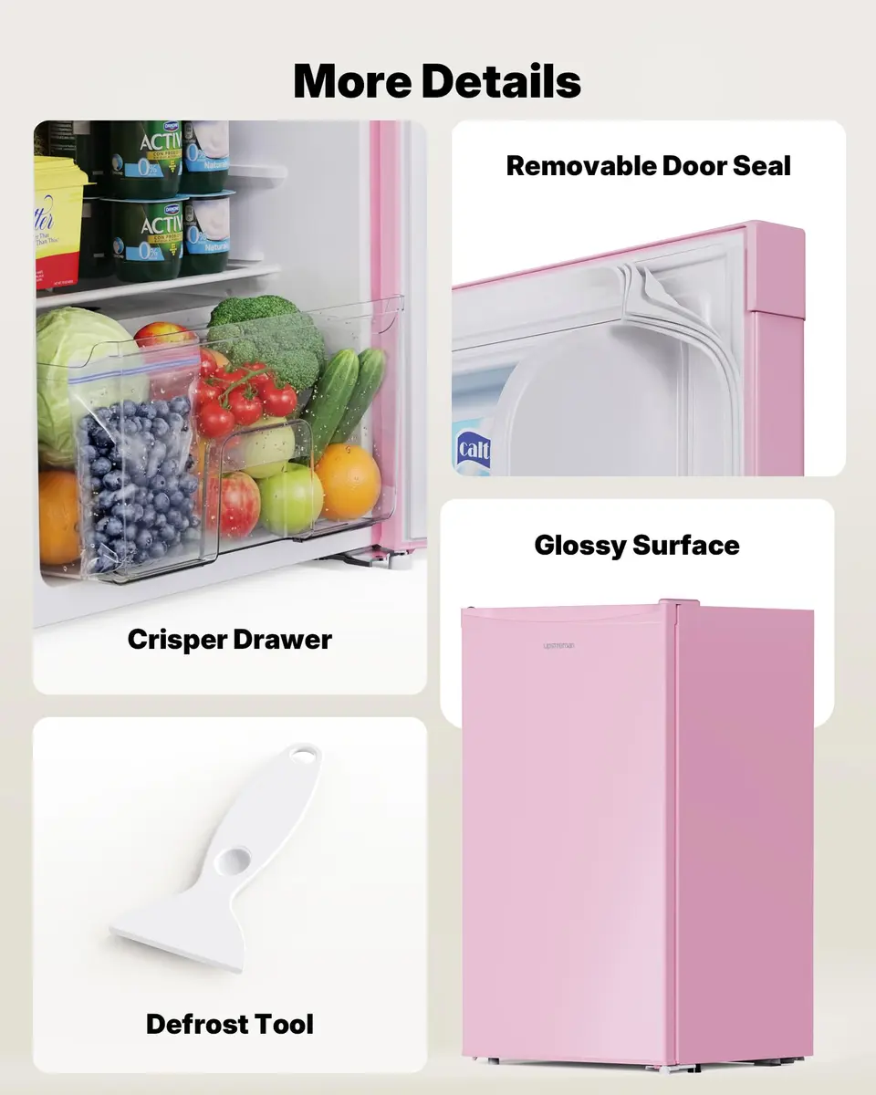 Upstreman Mini Fridge Pink 3.2 Cu.Ft | Space-Efficient Dorm & Office Cooler - view 7