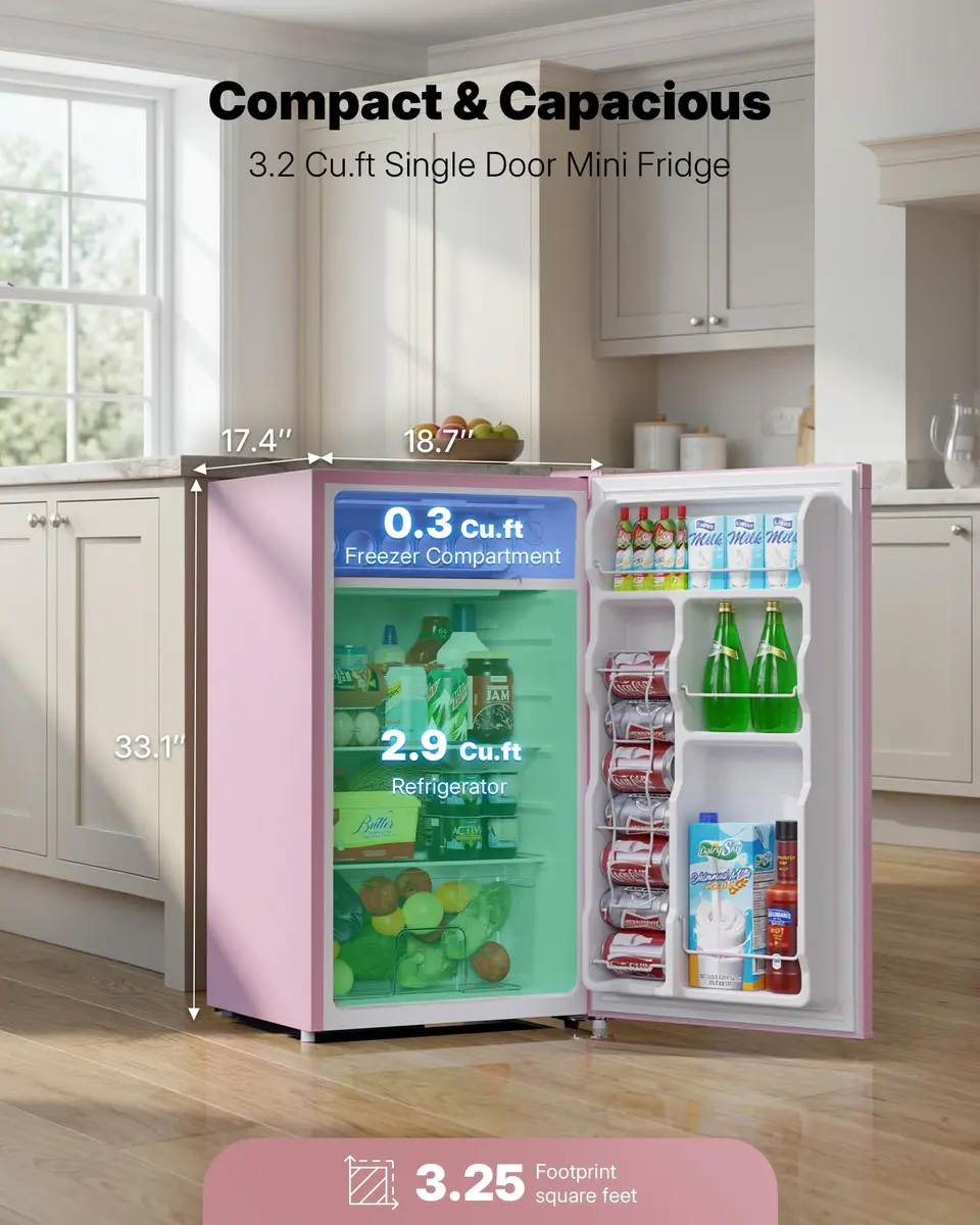 Upstreman Mini Fridge Pink 3.2 Cu.Ft | Space-Efficient Dorm & Office Cooler - view 2
