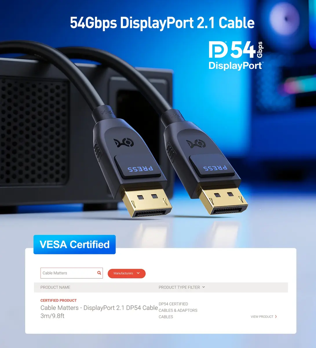 Cable Matters VESA Certified 54Gbps DisplayPort 2.1 Cable 3m (9.8ft) | 8K 165Hz / 4K 500Hz Video - view 2
