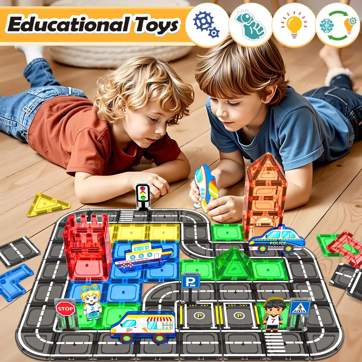IGIVI 104 PCS Magnetic Tiles Road Set | STEM Magnetic Building Toys for 3+ Year Old Boys & Girls - view 5