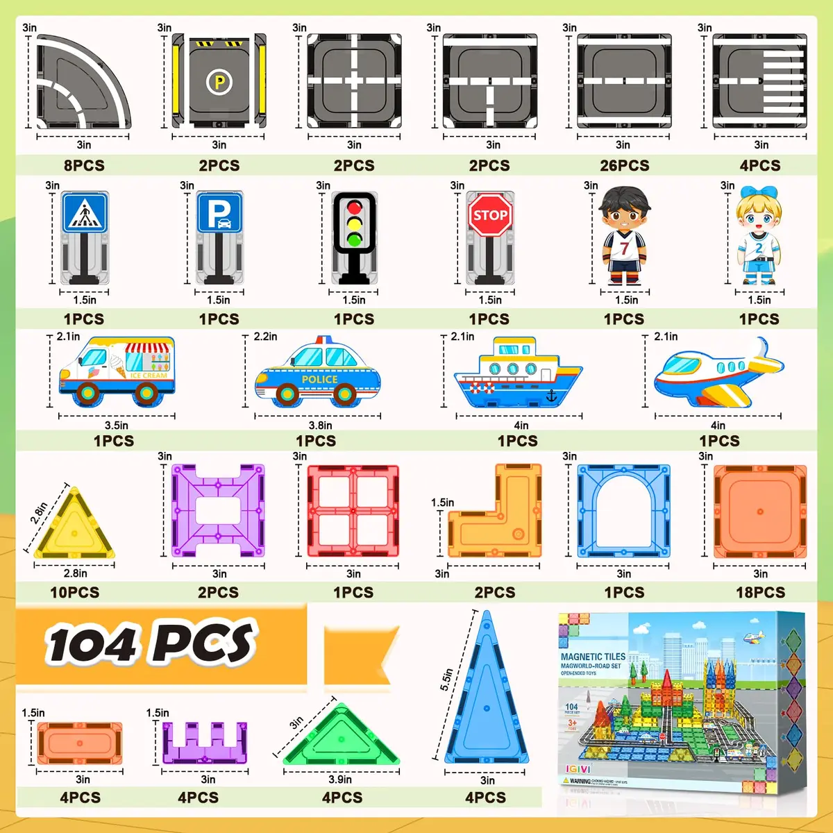 IGIVI 104 PCS Magnetic Tiles Road Set | STEM Magnetic Building Toys for 3+ Year Old Boys & Girls - view 6