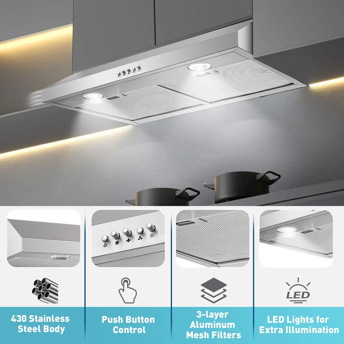 SNDOAS Under Cabinet Range Hood 76.2cm (30 inch) | 700 CFM Stainless Steel Kitchen Exhaust Hood with 3-Speed Fan & LED Lights - view 2