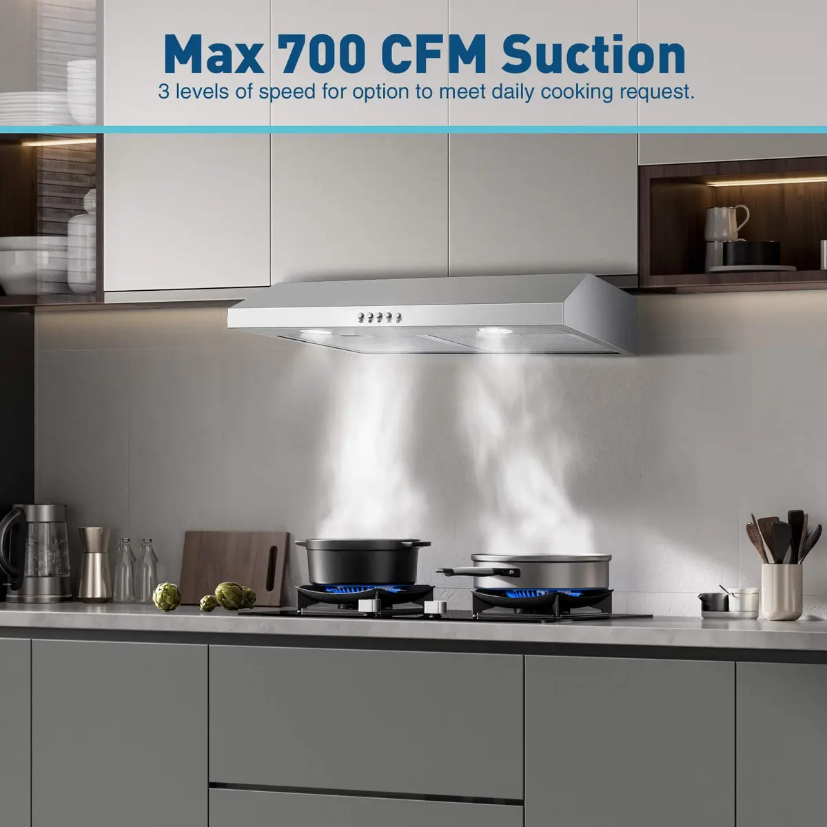 SNDOAS Under Cabinet Range Hood 76.2cm (30 inch) | 700 CFM Stainless Steel Kitchen Exhaust Hood with 3-Speed Fan & LED Lights - view 3