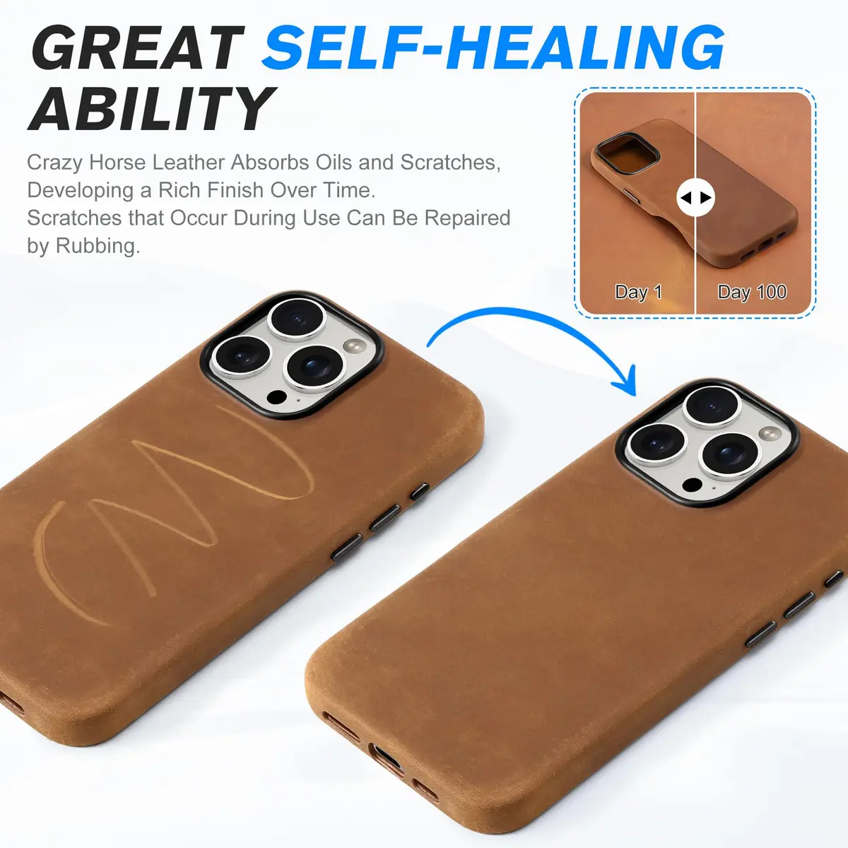 SHIELDON Genuine Leather Case for iPhone 16 Pro Max 6.9" Crazy Horse Brown | Shockproof & Wireless Charging Support - view 5