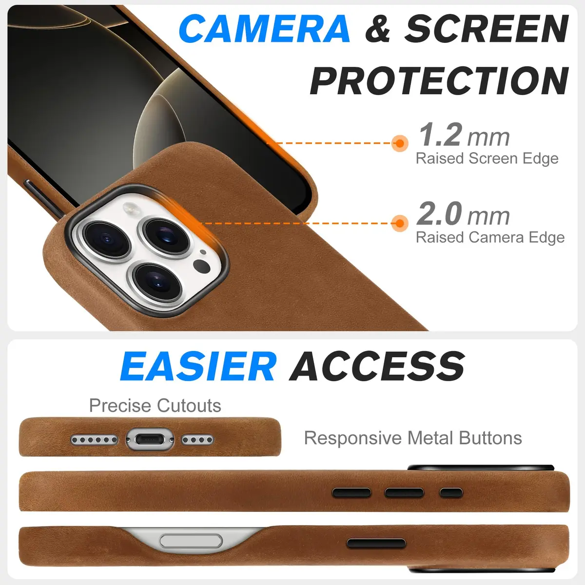 SHIELDON Genuine Leather Case for iPhone 16 Pro Max 6.9" Crazy Horse Brown | Shockproof & Wireless Charging Support - view 7