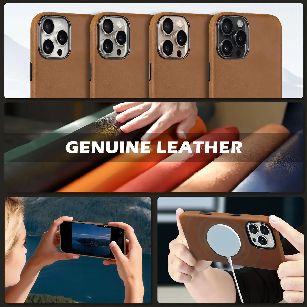 SHIELDON Genuine Leather Case for iPhone 16 Pro Max 6.9" Crazy Horse Brown | Shockproof & Wireless Charging Support - view 9