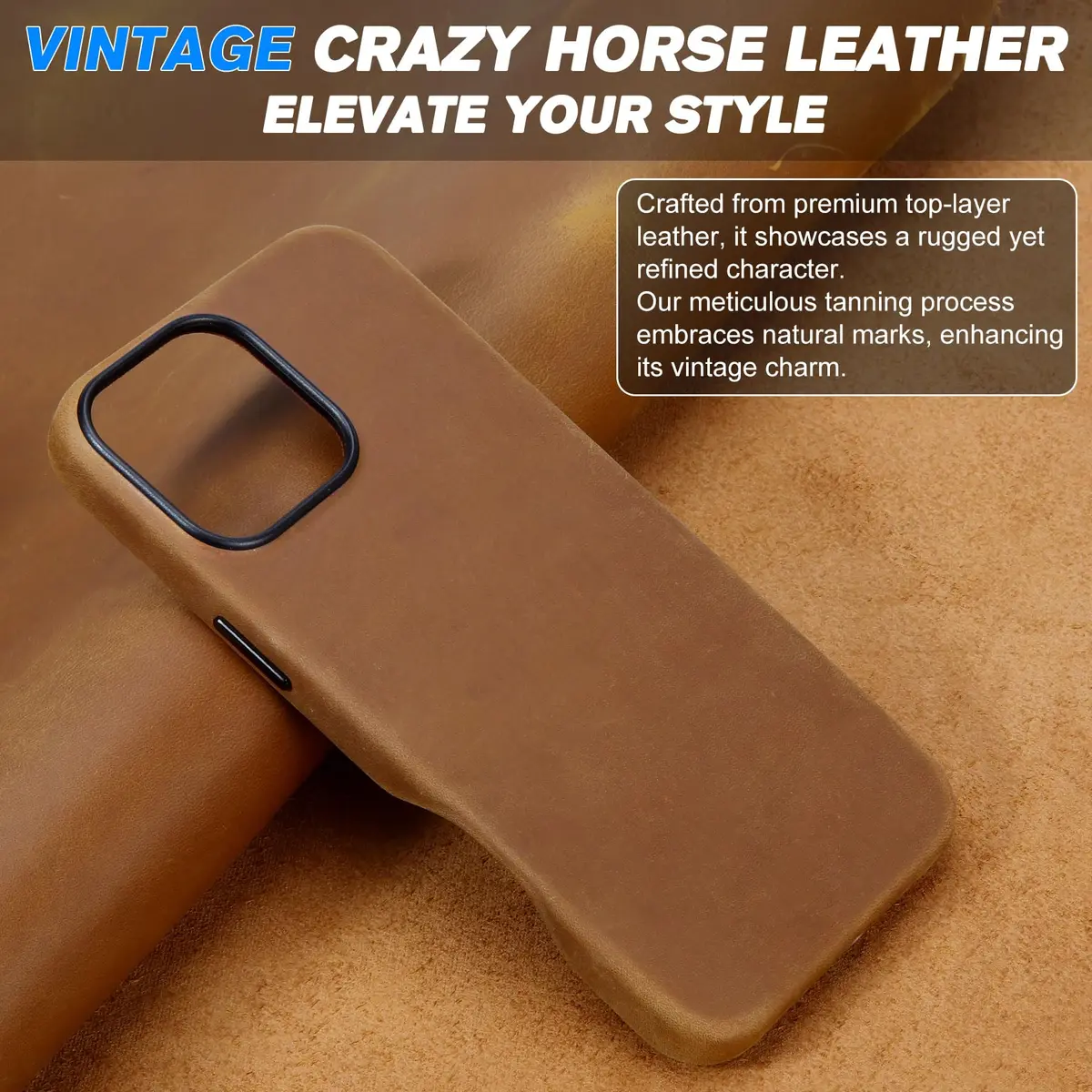 SHIELDON Genuine Leather Case for iPhone 16 Pro Max 6.9" Crazy Horse Brown | Shockproof & Wireless Charging Support - view 3
