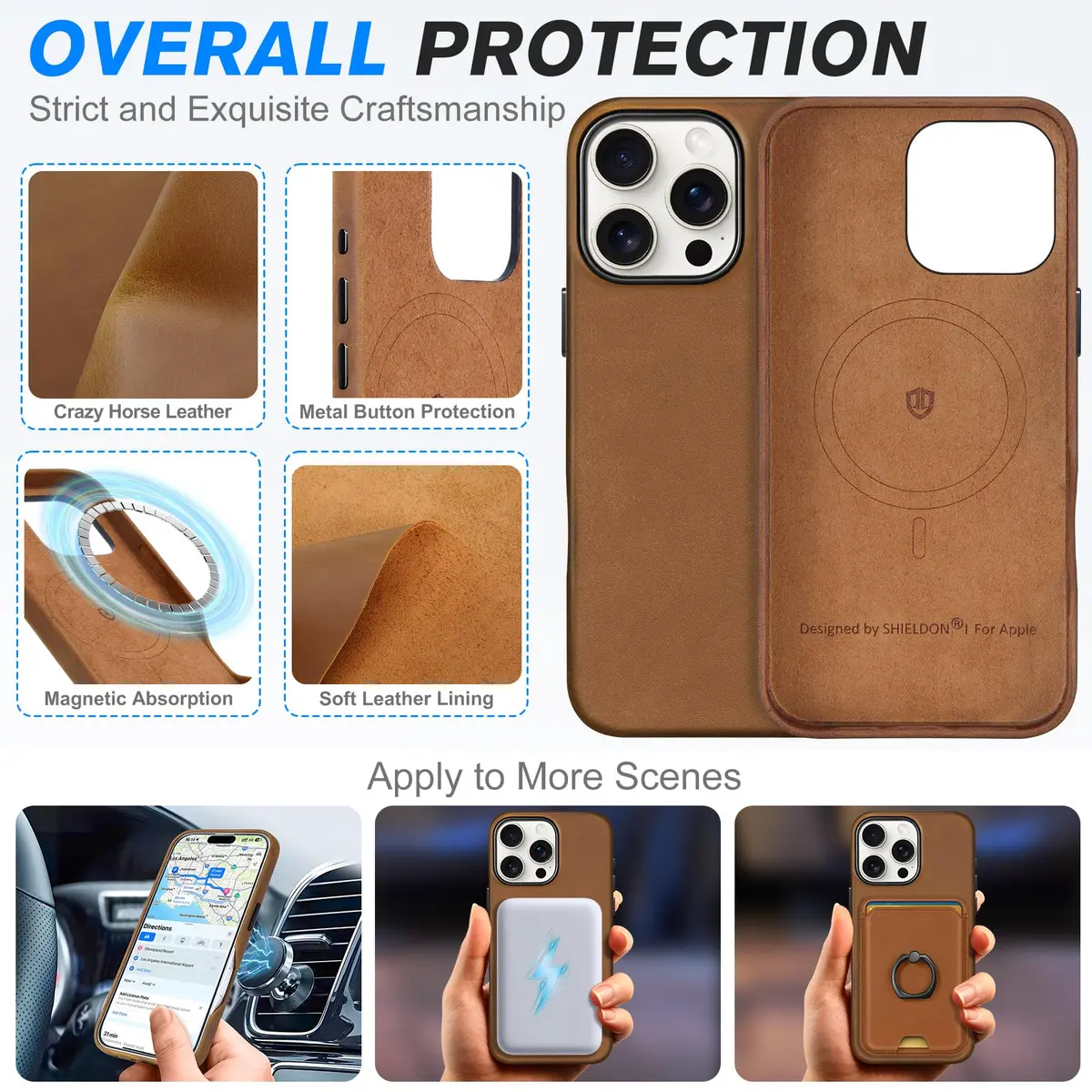 SHIELDON Genuine Leather Case for iPhone 16 Pro Max 6.9" Crazy Horse Brown | Shockproof & Wireless Charging Support - view 4