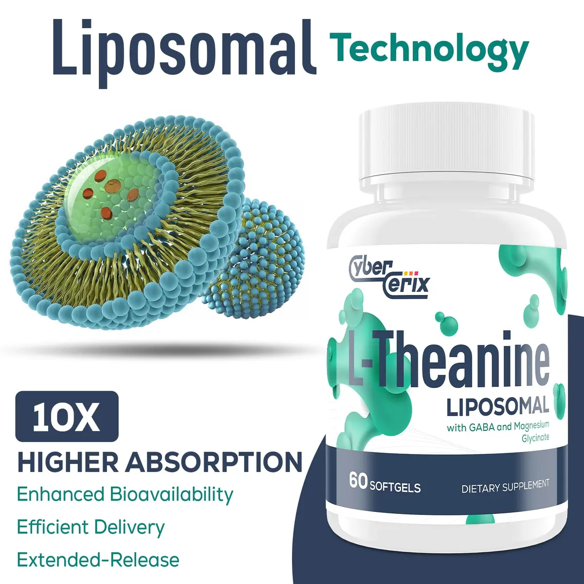 CyberCerix Liposomal L-Theanine 500mg | Extra Strength Supplement for Calm, Relaxation & Focus, Gluten Free (60 Count Pack of 2) - view 4