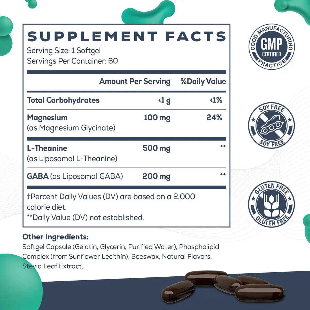 CyberCerix Liposomal L-Theanine 500mg | Complex with GABA 200mg & Magnesium 100mg | Extra Strength Supplement for Calm, Relaxation & Focus, Gluten Free (60 Capsules) - view 2