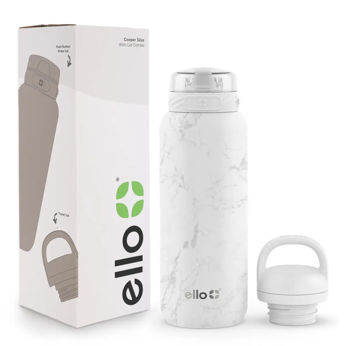 Ello Cooper 32oz (950ml) Insulated Stainless Steel Water Bottle with Straw Lid | Marble Finish - main product image