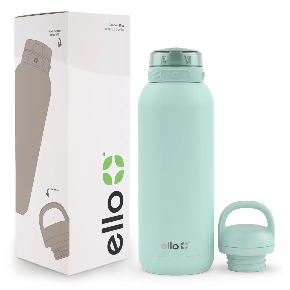 Ello Cooper 40oz Insulated Stainless Steel Water Bottle with Straw, Yucca | Keeps Drinks Cold 24H, Leakproof, BPA-Free - main product image