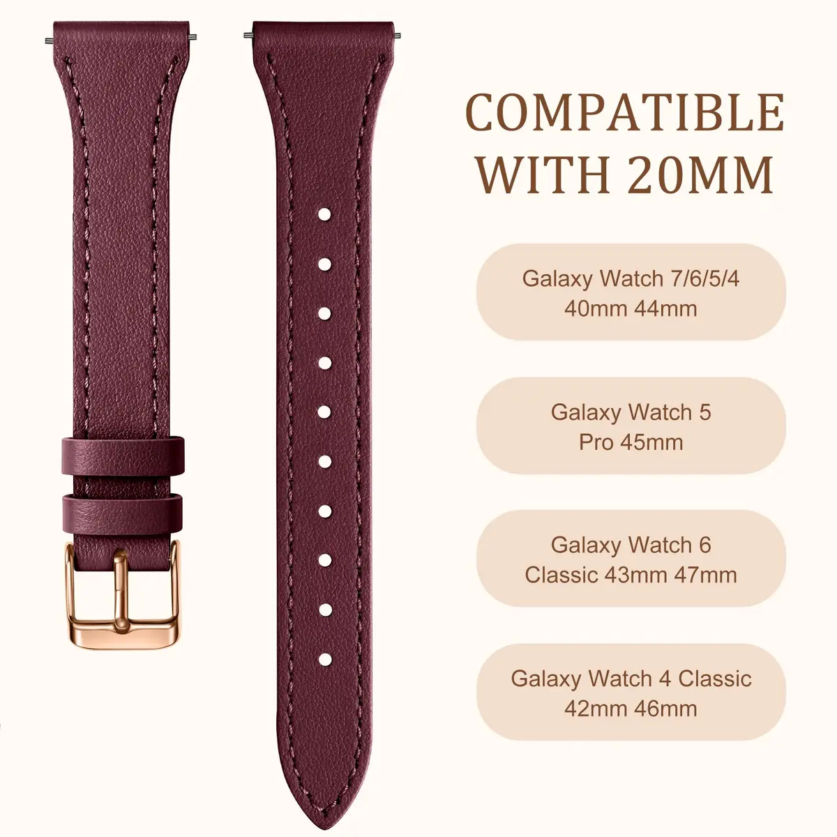 GEAK Slim Leather Band Compatible with Galaxy Watch 7/6/5/4/Active 2 | Genuine Leather, 20mm, Quick Release - view 5