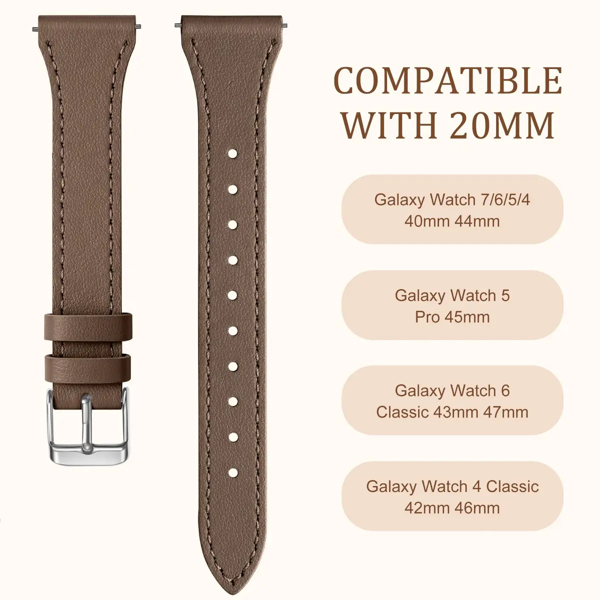 GEAK Slim Leather Band Compatible with Samsung Galaxy Watch 7/6/5/4 40mm 44mm 45mm Classic, 20mm Genuine Leather Strap with Quick Release Buckle for Women - view 9