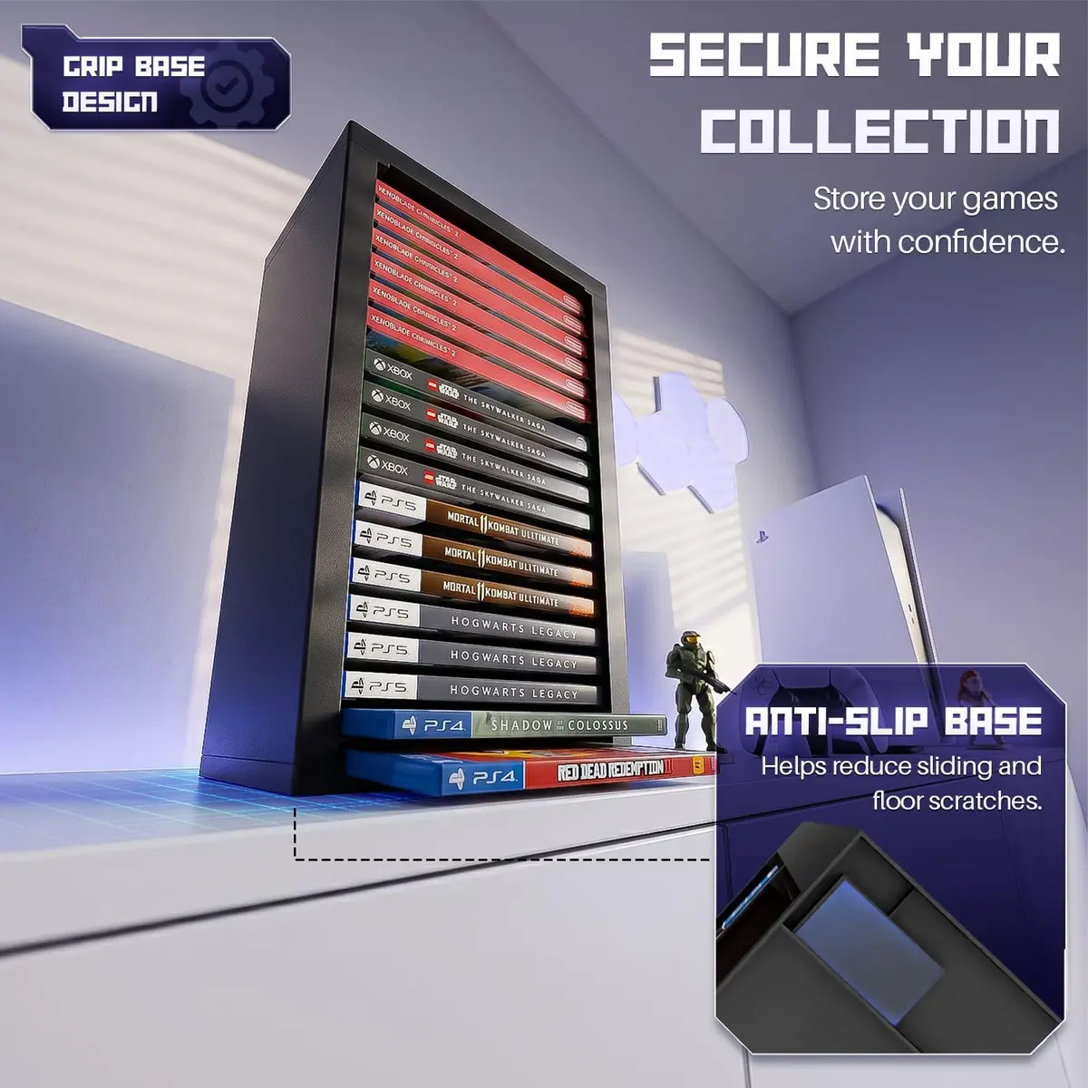 TNP Video Game Storage Tower for PS5 and Nintendo Switch | 18 Disc Capacity | Black - view 6