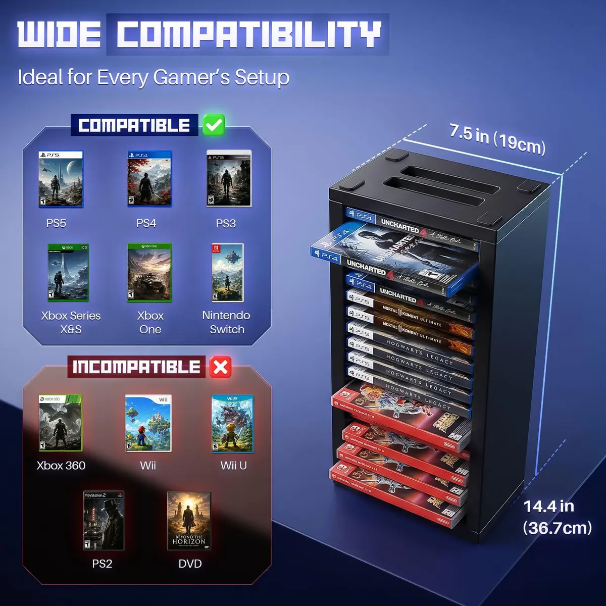 TNP Video Game Storage Tower for PS5 and Nintendo Switch | 18 Disc Capacity | Black - view 7