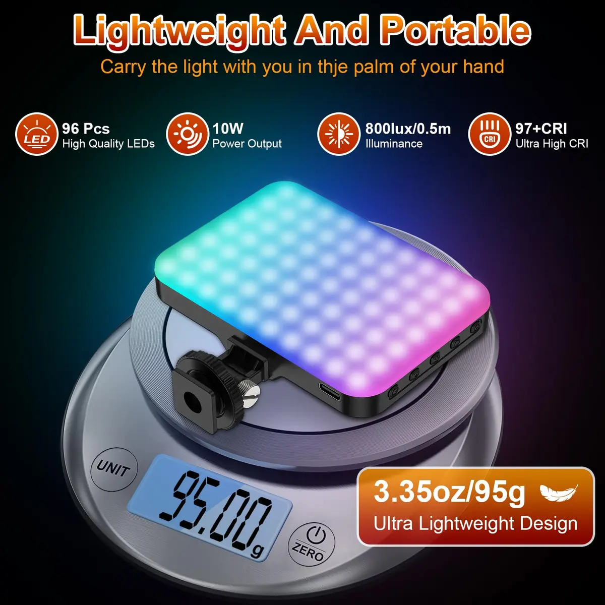 Hagibis RGB Video Light, 360° Full Color Selfie Light LED Camera Light with 3 Cold Shoe Mounts/CRI 97+/20 Scene Modes/2200mAh Rechargeable Portable Phone Light Photography Selfie Lighting | 7 Light Modes & 10 Brightness - view 3