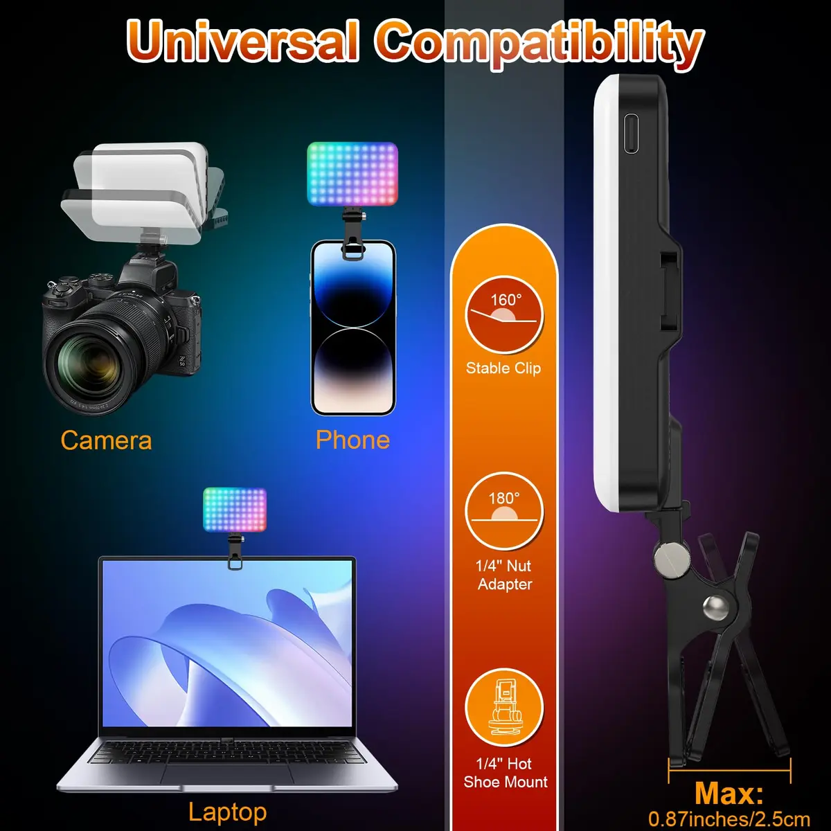 Hagibis RGB Video Light, 360° Full Color Selfie Light LED Camera Light with 3 Cold Shoe Mounts/CRI 97+/20 Scene Modes/2200mAh Rechargeable Portable Phone Light Photography Selfie Lighting | 7 Light Modes & 10 Brightness - view 4