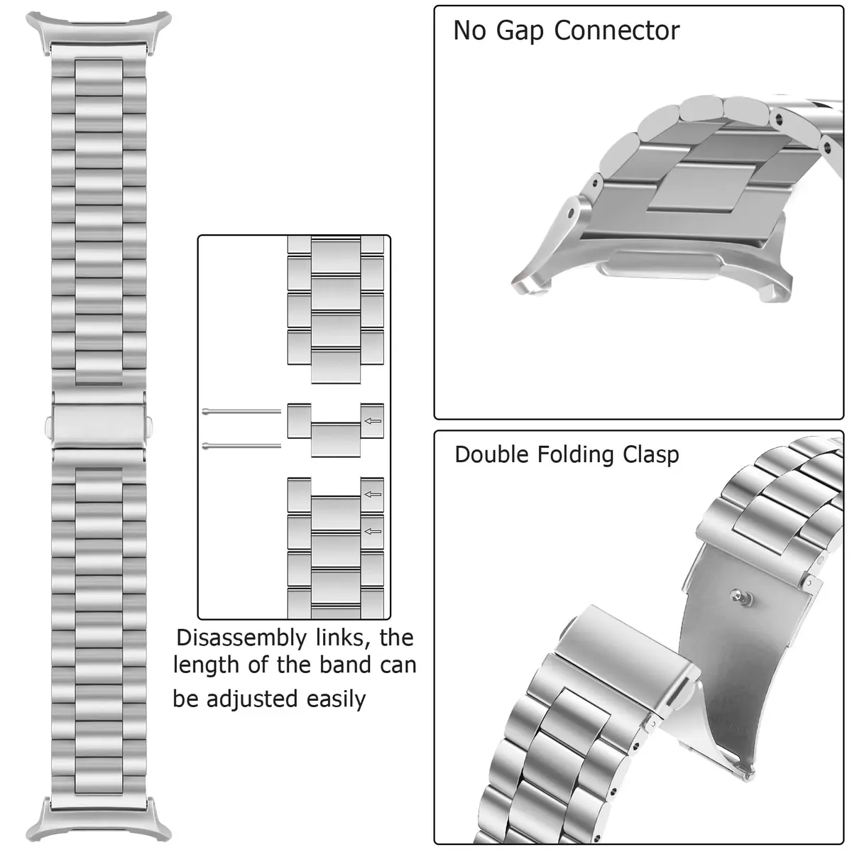 Anlinser No Gap Metal Watch Band Compatible with Samsung Galaxy Watch Ultra 2/1 47mm Silver | Adjustable Stainless Steel Strap - view 3