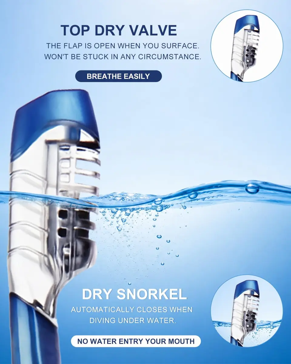 DIPUKI Dry Snorkel Mask Set for Adults, Tempered Glass Lens & Silicone Skirt, Panoramic 180° View | Scuba Diving Snorkel Gear - view 6