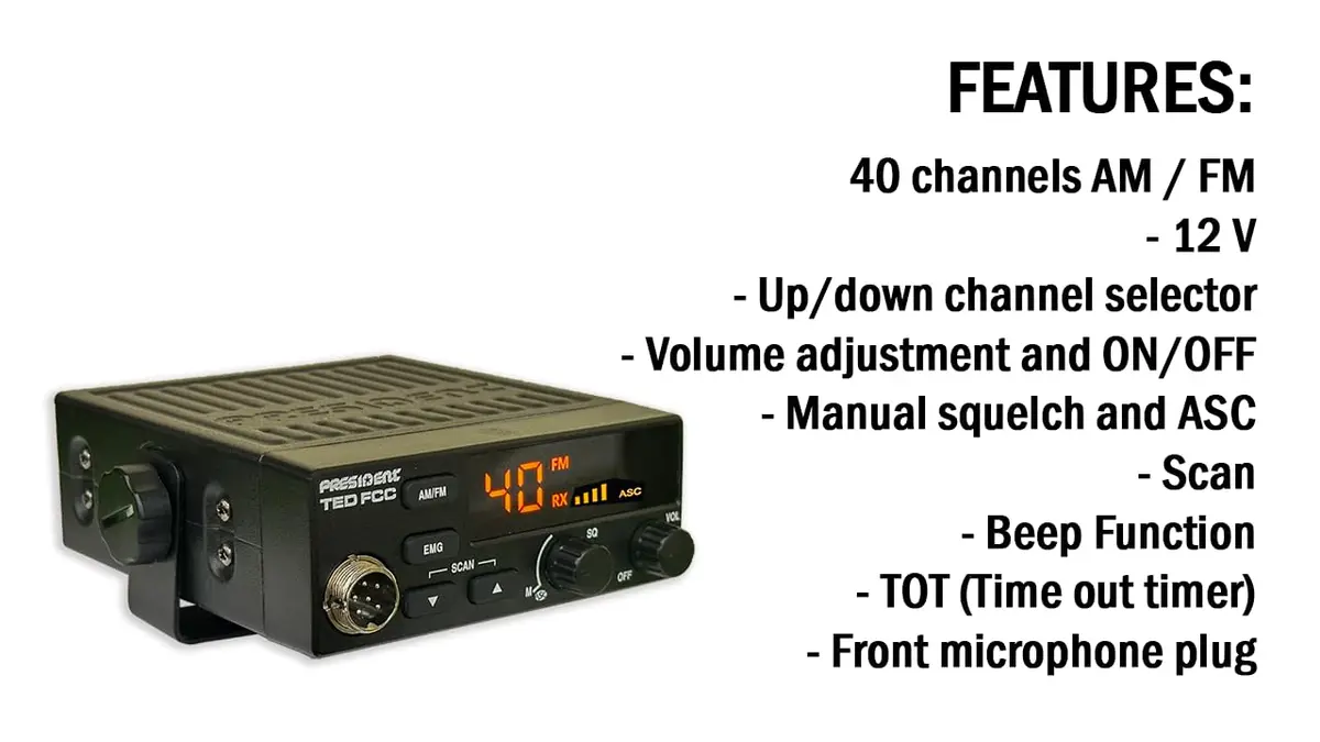 President Ted FCC AM/FM 40 Channel Compact CB Radio | LED Display, Emergency Channels, 13.8V, 4 W, Compact Size - view 2