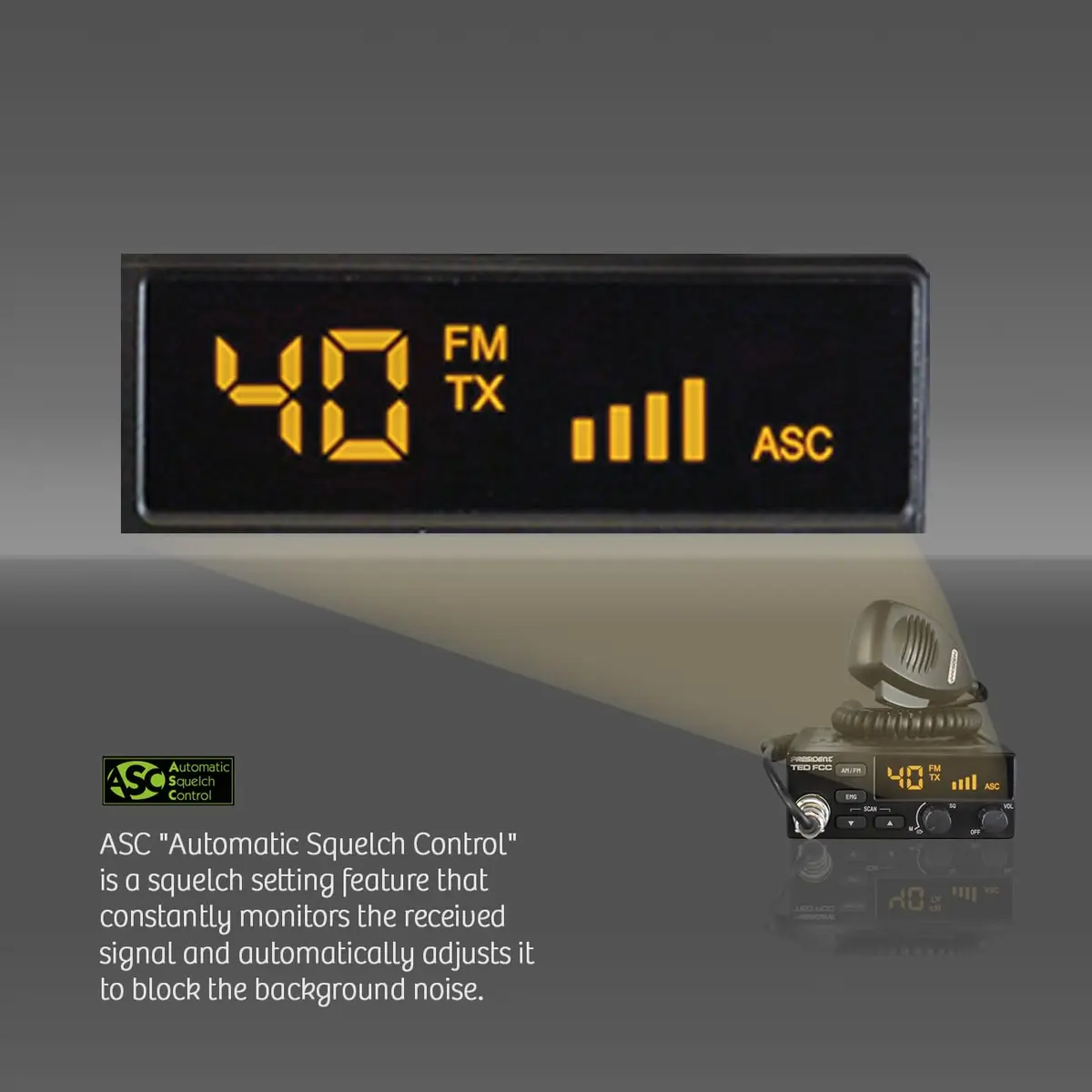 President Ted FCC AM/FM 40 Channel Compact CB Radio | LED Display, Emergency Channels, 13.8V, 4 W, Compact Size - view 3