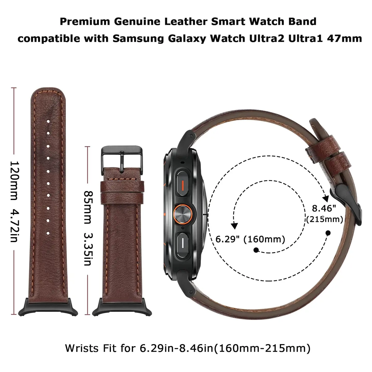Tasikar Leather Band Compatible with Samsung Galaxy Watch Ultra 2/1 47mm | Genuine Leather Strap with Black Stainless Steel Clasp - view 5