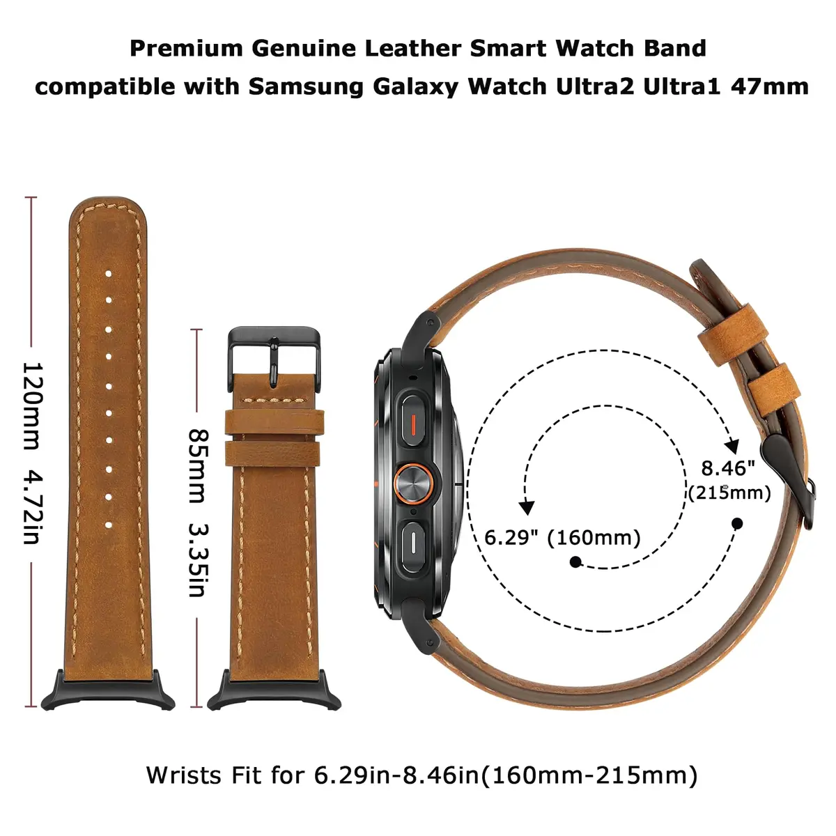 Tasikar Leather Band Compatible with Samsung Galaxy Watch Ultra 2/1 47mm | Classic Brown Genuine Leather Strap - view 5