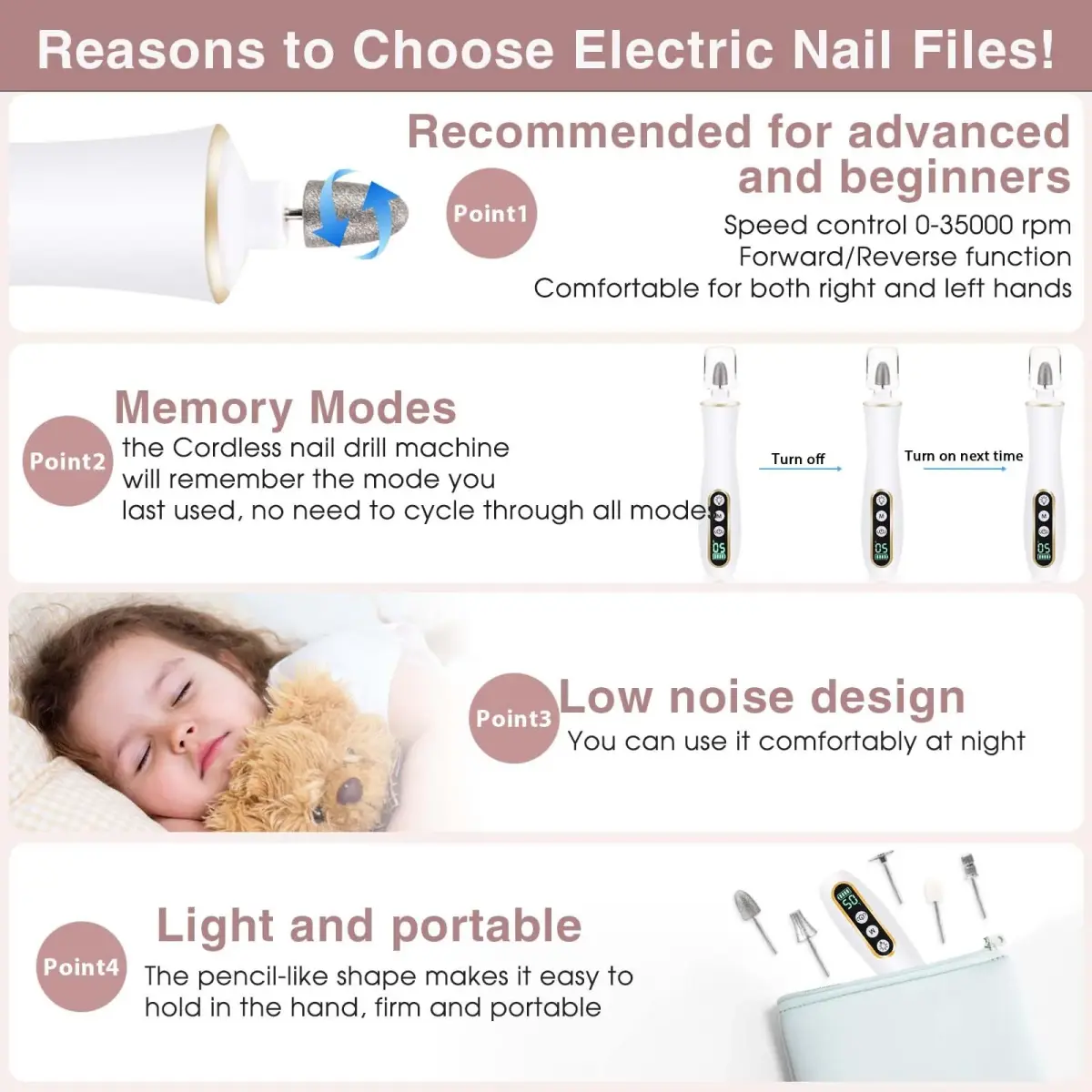 Hoxida Cordless Electric Nail Drill with 360° LED Light | 20,000 RPM, 10-Speed, Rechargeable - view 8