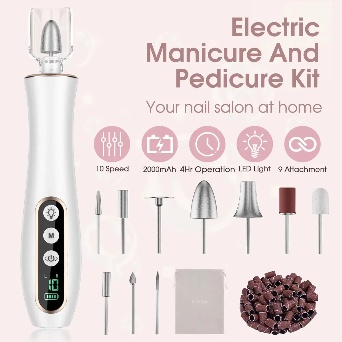 Hoxida Cordless Electric Nail Drill with 360° LED Light | 20,000 RPM, 10-Speed, Rechargeable - view 2