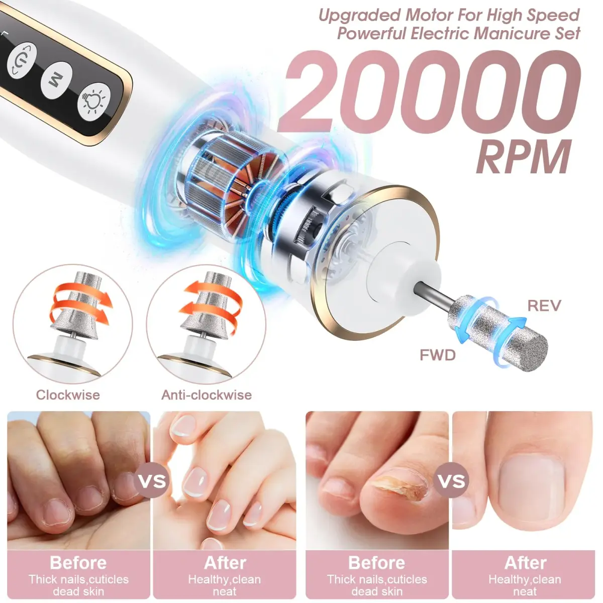 Hoxida Cordless Electric Nail Drill with 360° LED Light | 20,000 RPM, 10-Speed, Rechargeable - view 3