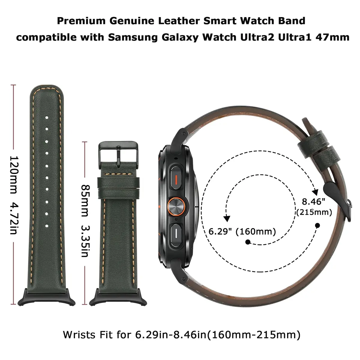 Tasikar Leather Watch Band Compatible with Samsung Galaxy Watch Ultra 2 47mm | Genuine Leather Strap, Green, 43mm Width - view 5